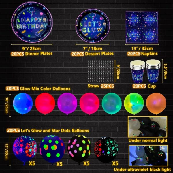 SKYSONIC 241 PCS Glow Neon Party Supplies Set Including Neon Glow Tableware, Neon Balloons, Glow in The Dark Birthday Banner, Hanging Stars, and Cake Toppers for Party Decoration Serving 20 (Glow