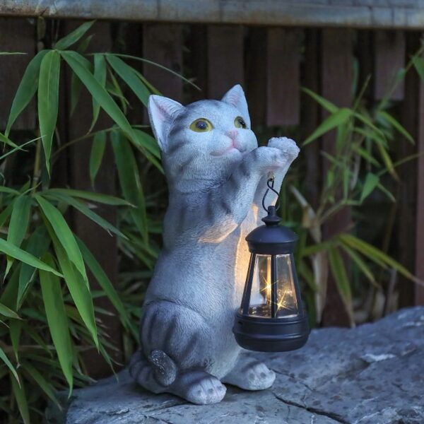 Cat Statue Garden Decor with LED Lantern for Outside -Resin patio Art Gift for lover,Cat Statues for Garden,Patio,Yard Decoration