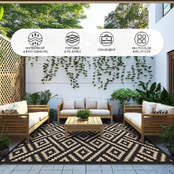 Outdoor Rugs Waterproof Plastic Straw Mat 6'x9' Reversible for RV Patio Deck Beach Black & Brown