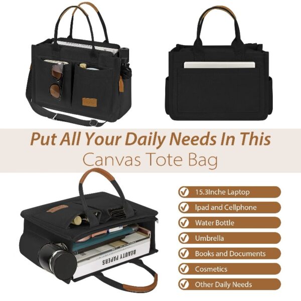 Canvas Tote Bag for Women With Side Pockets, Laptop Work Crossbody Everyday Satchel, Purses Shoulder Tote Bag Everyday Satchel Handbags Messenger for Travel Nurse College Gift, Black