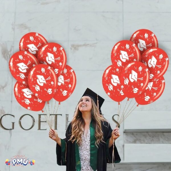 PMU Graduation Balloons 11 Inch PartyTex Premium Emerald Green with All-Over Print White Grad Caps-Confetti and Streamers Pkg/100