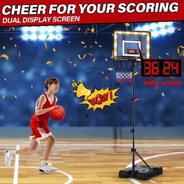 2-in-1 Kid Basketball Hoop with LED Lights & Scoreboard & 3 Balls, Toddler Basketball Hoop Adjustable Height 5.1ft-6.2ft, Basketball Toy Gifts for Boys & Girls