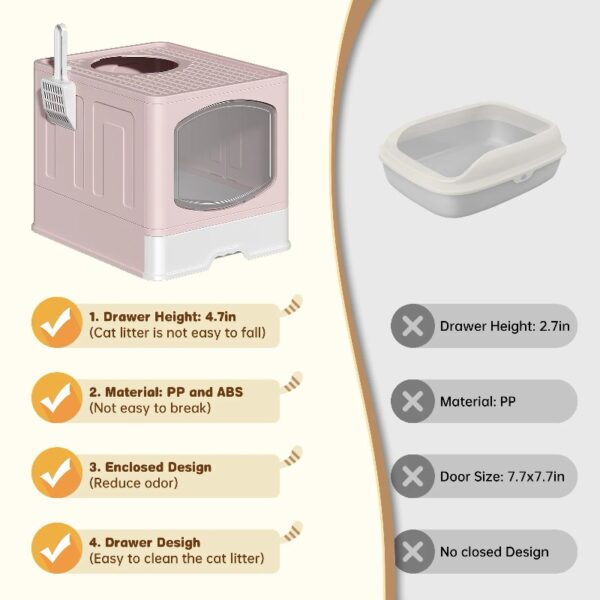 Extra Large Foldable Cat Litter Box with Litter Scoop, Front Entry Top Exit Cat Litter Pan with Lid, Enclosed Anti-Splashing Kitty Litter Box, Drawer Type Cat Litter Easy Cleaning and Scoop, Pink