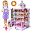 Doll House for Girls, 5-Story 19 Rooms Huge Dollhouse Playset with LED Lights, 2 Dolls, Furnitures, Accessories, DIY Pretend Play House Toys Gifts for Kids, Pink
