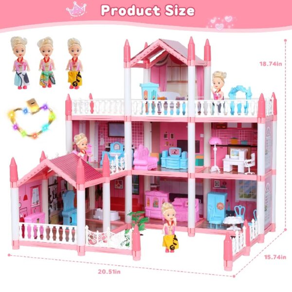 DollHouse with Colorful Light, Pretend Play Toddler Doll House Furniture Sets with 3 Dolls, 9 Rooms DIY , Creative Gift for Girls