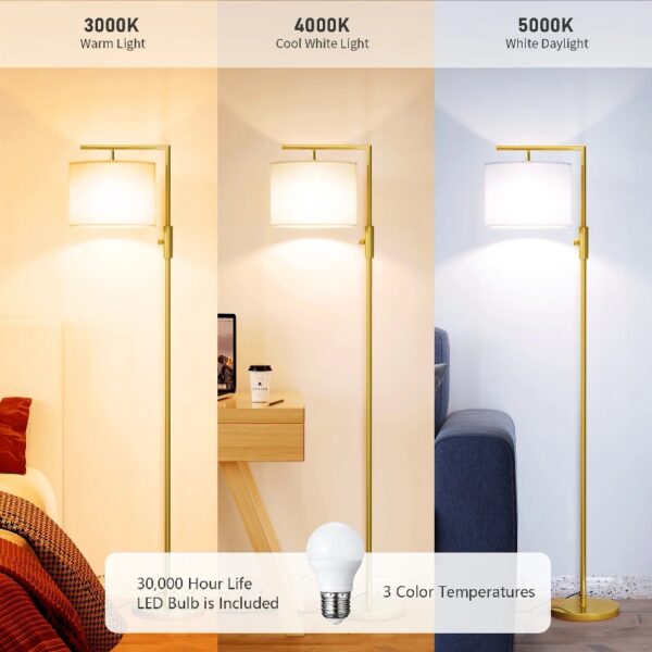 Iron Modern Standing Lamp, Gold Floor Lamp for Living Room, with Rotary Switch, Hanging Shade and 3 Color Temperatures 9W Bulb for Bedroom, Study Room, Office