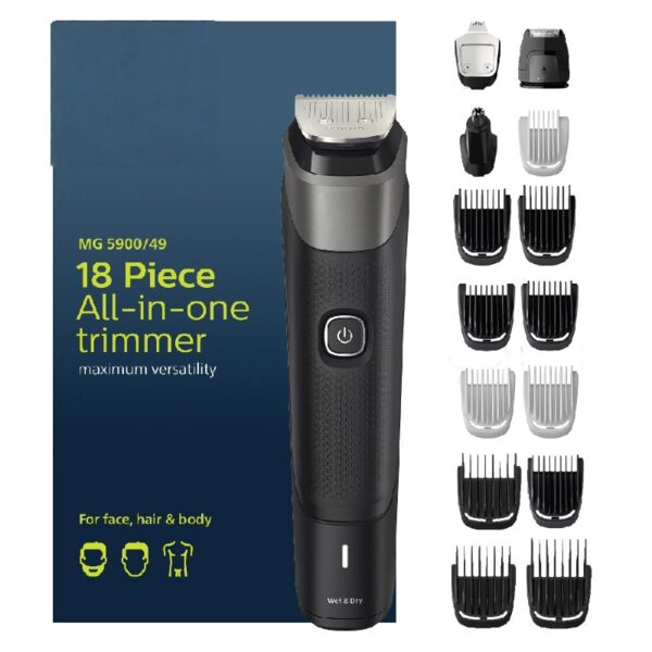 Multigroom Series 5000 18 Piece, Beard Face, Hair, Body and Intimate Hair Trimmer For Men - No Blade Oil MG5900/49
