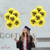 PMU Graduation Balloons 11 Inch PartyTex Premium Emerald Green with All-Over Print White Grad Caps-Confetti and Streamers Pkg/100