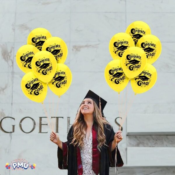 PMU Graduation Balloons 11 Inch PartyTex Premium Emerald Green with All-Over Print White Grad Caps-Confetti and Streamers Pkg/100