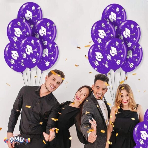 PMU Graduation Balloons 11 Inch PartyTex Premium Emerald Green with All-Over Print White Grad Caps-Confetti and Streamers Pkg/100