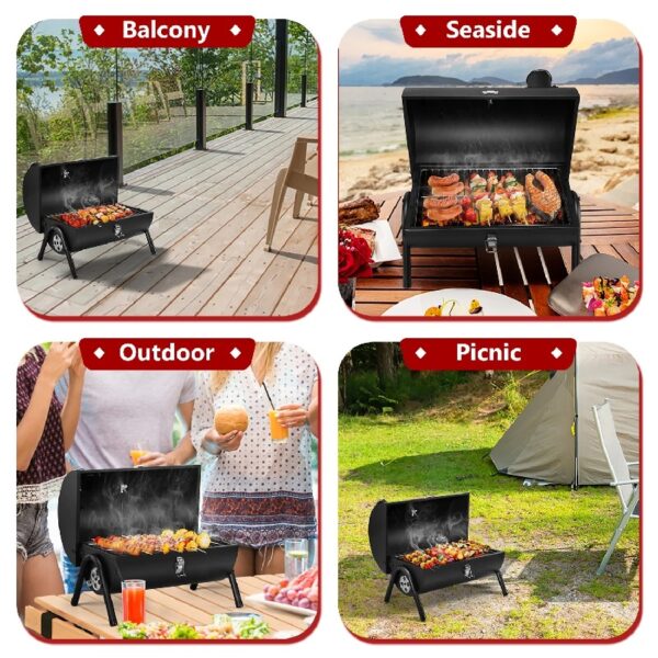 Tabletop Charcoal Grill with Thermometer & Chimney, Small Portable Barbecue Grill for Outdoor Cooking Camping Picnic Backyard Beach - Black